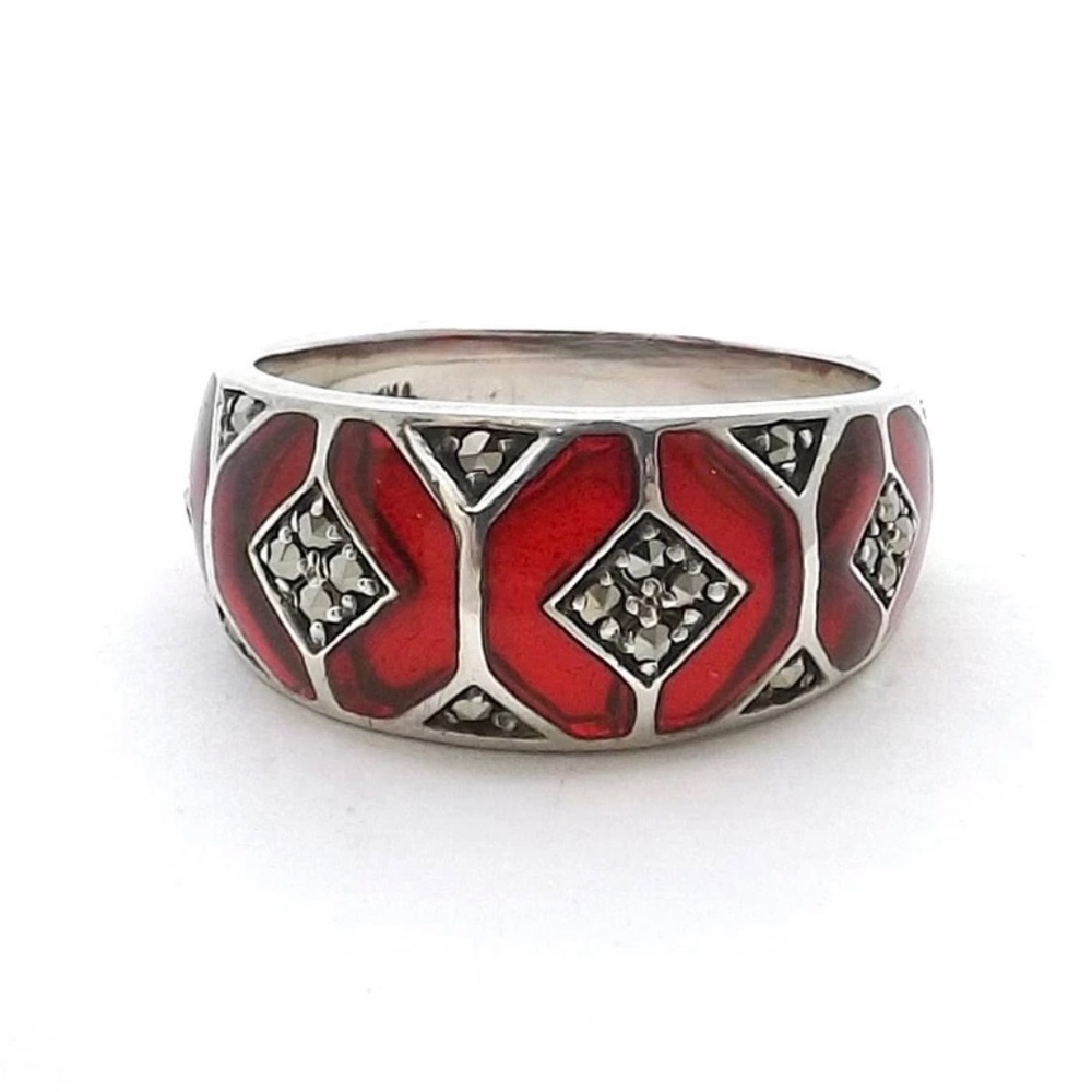 STERLING SILVER Red Enamel Marcasite Art Deco Geometric Ring